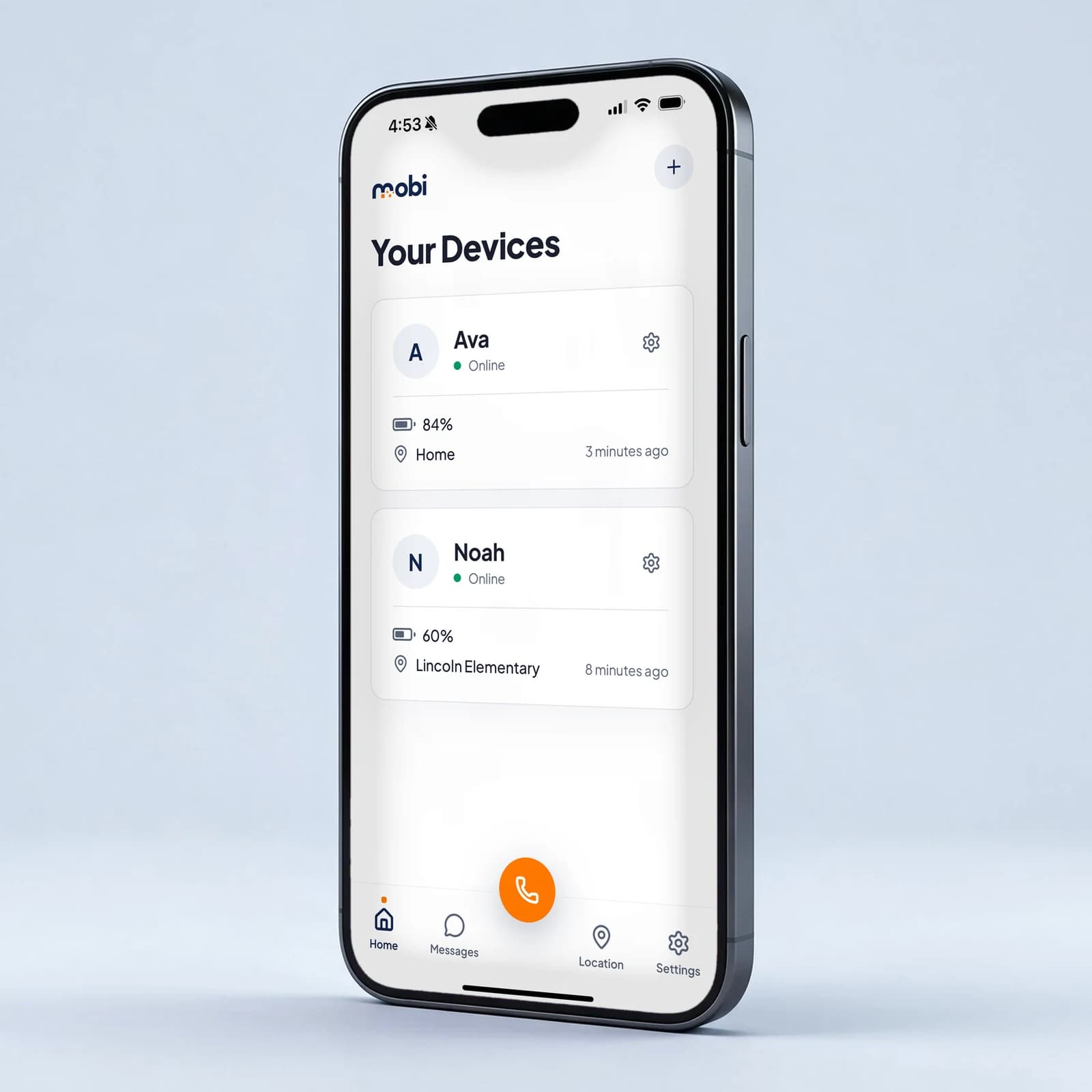 A phone showing the Mobi parent app's home screen: two children's watches, each with its online status, battery level and last location.