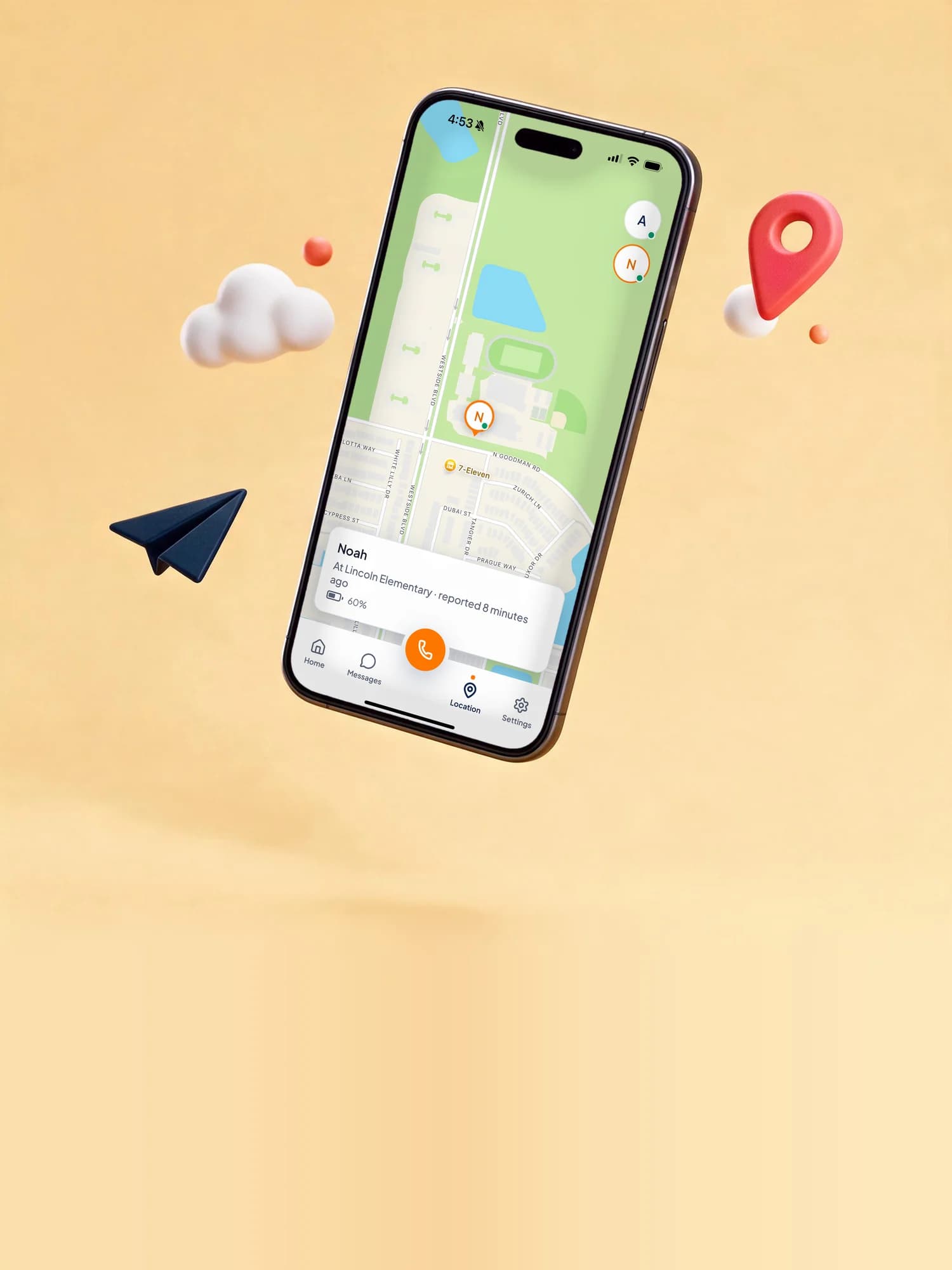 A phone showing the Mobi app's map, with a child's watch located at their school, surrounded by playful location-pin and cloud shapes.