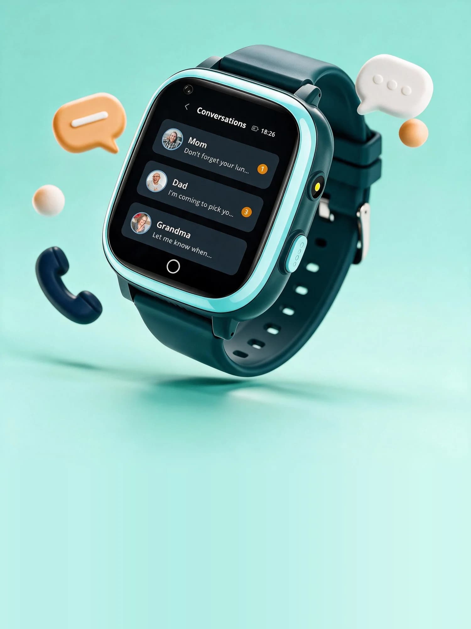 A teal Mobi watch showing conversations with Mom, Dad and Grandma, surrounded by playful speech-bubble and phone shapes.