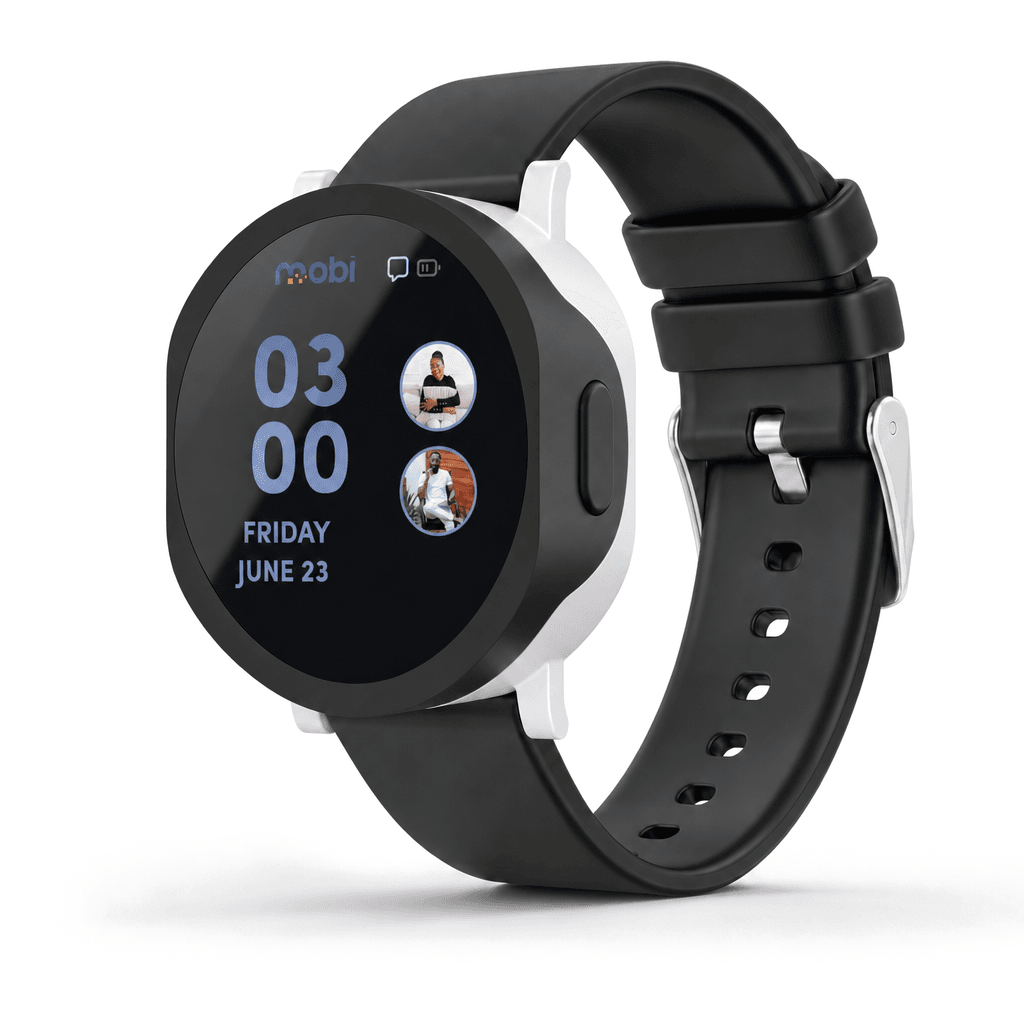 Mobi smartwatch with black band.