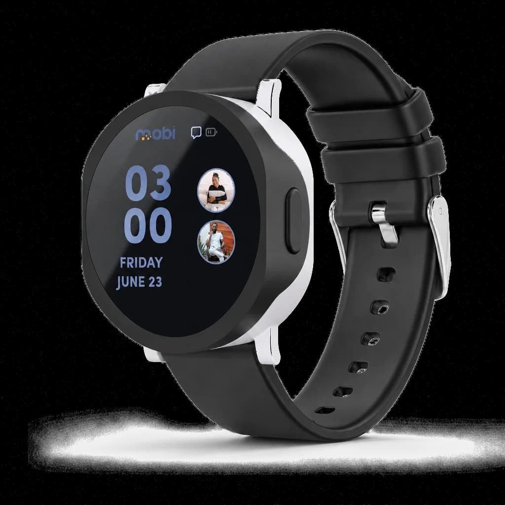 Mobi smartwatch with black band.